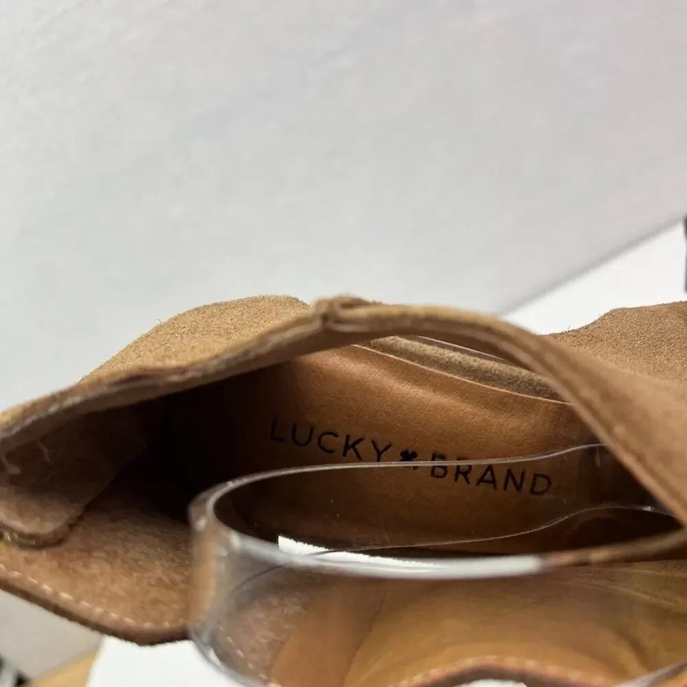 Lucky Brand Ankle Booties Womens 6.5 M Brown Keight Stacked Heel Open Toe Suede